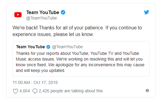 ​YouTube全球死機2小時後修復