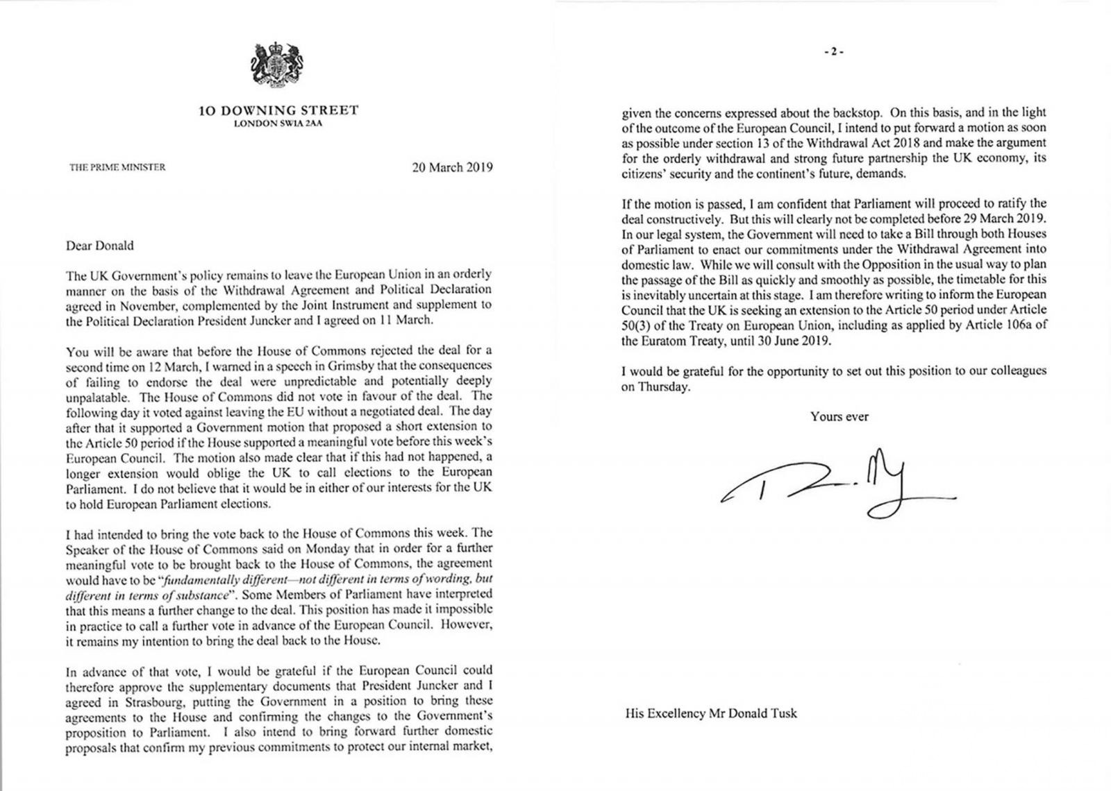 文翠珊向歐盟申請脫歐大限延至6月30日
