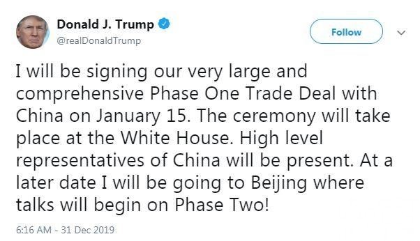特朗普：1月15日簽署中美首階段貿易協議