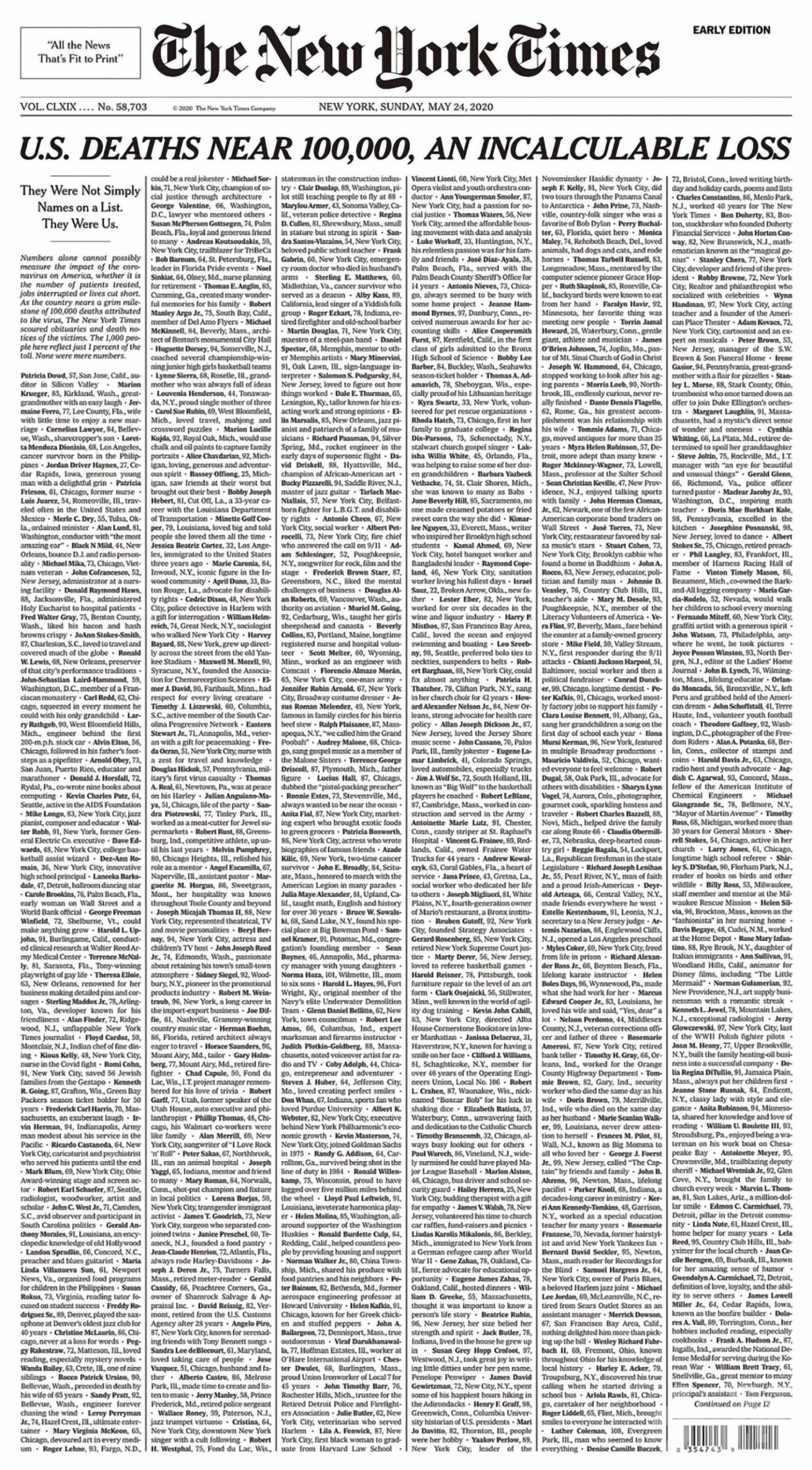 《紐時》頭版列千名死者名單