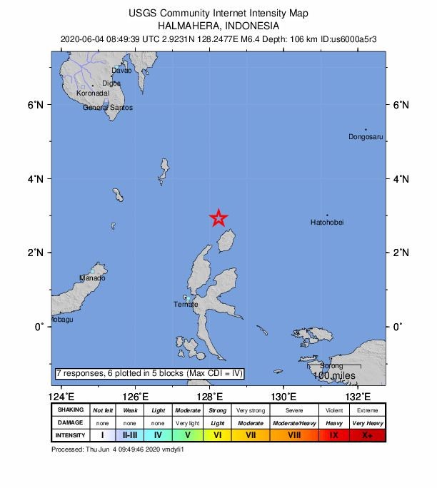 印尼北馬魯古發生6.4級地震
