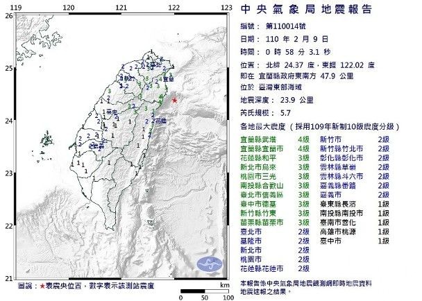 台東部海域兩連震 最大5.7級