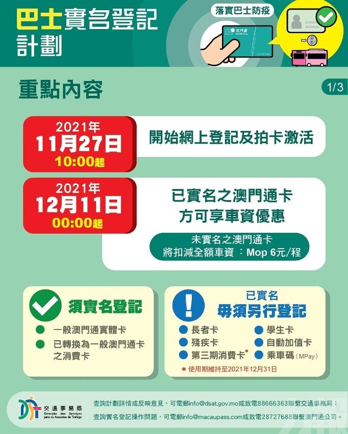 下月11日起澳門通須實名登記方可享車資優惠