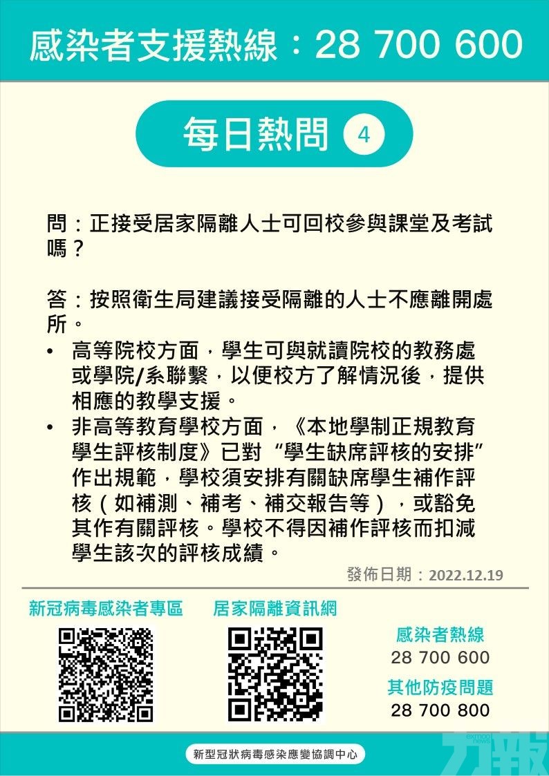 社工局公布「感染者支援熱線」熱點問題