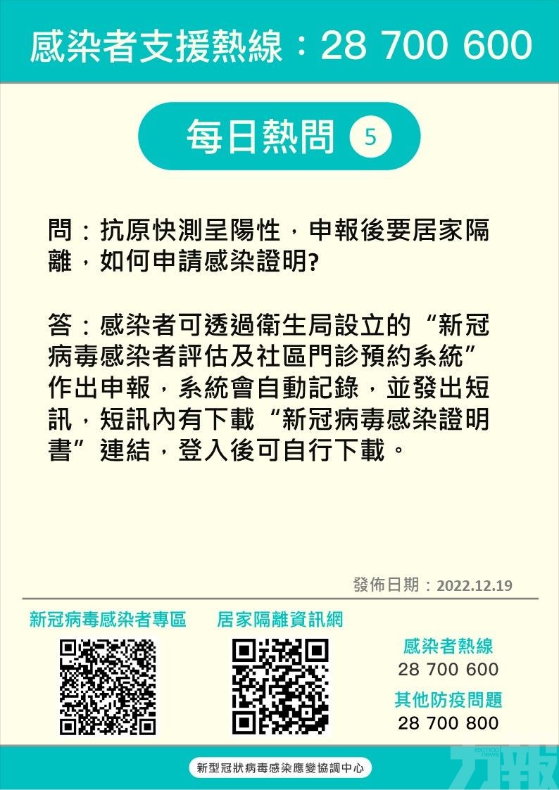 社工局公布「感染者支援熱線」熱點問題