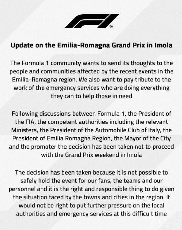 F1官宣取消伊莫拉大獎賽