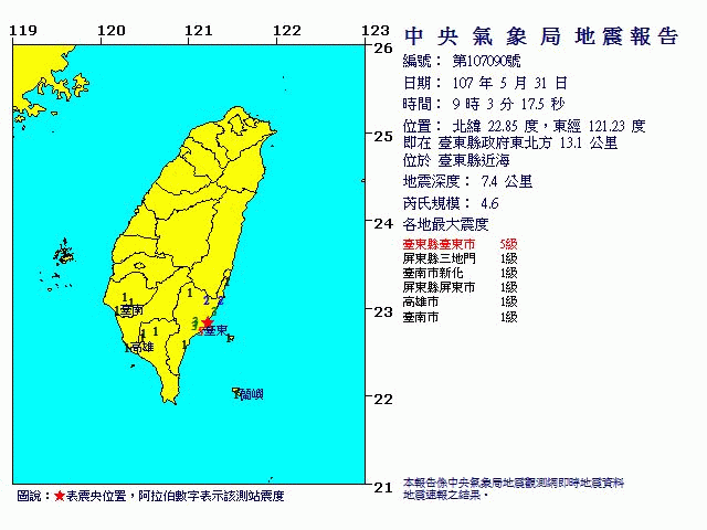 ​台東近海4.6地震 最大震度五級