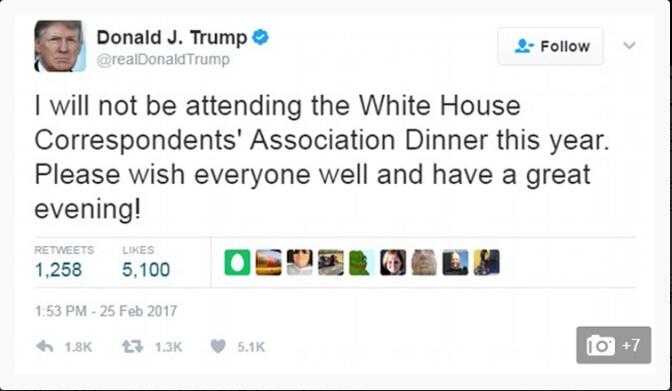 特朗普拒出席白宮記者晚宴
