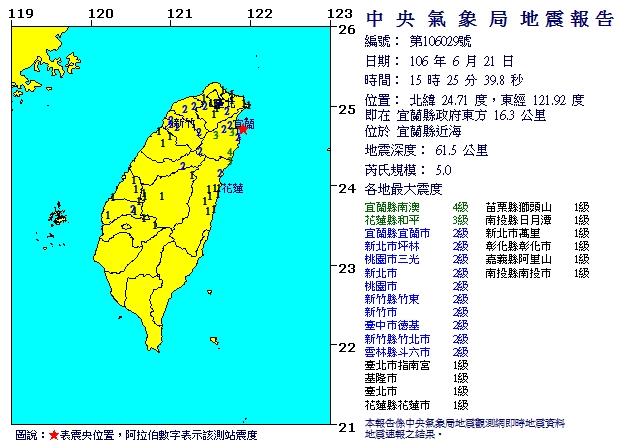 台灣宜蘭近海5級地震