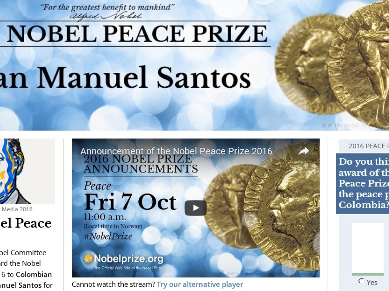 哥倫比亞總統奪諾貝爾和平獎