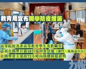教青局宣布開學防疫措施
