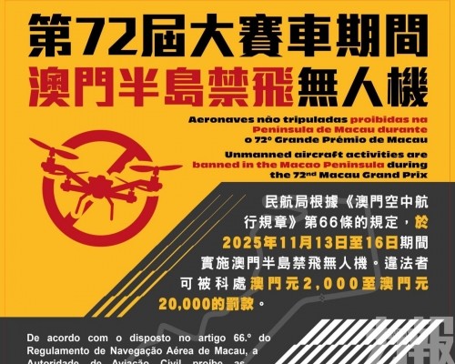 72屆大賽車期間澳門半島禁飛無人機