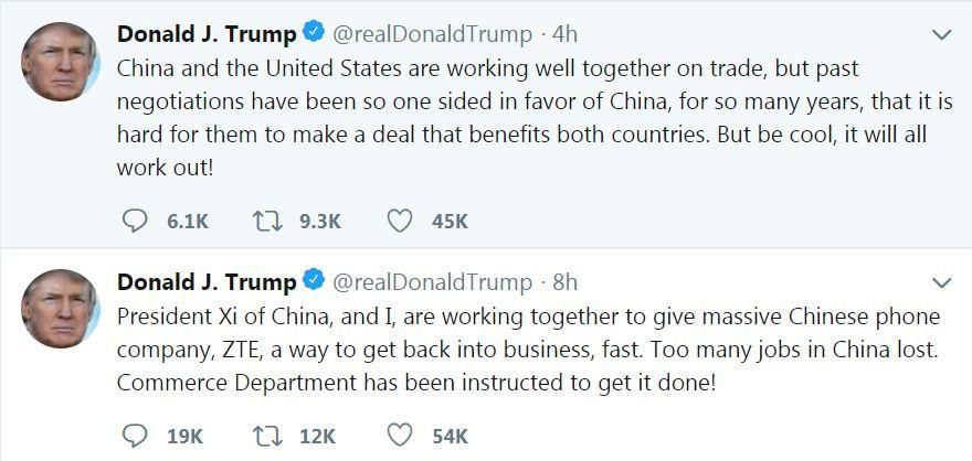特朗普稱正與中國良好合作